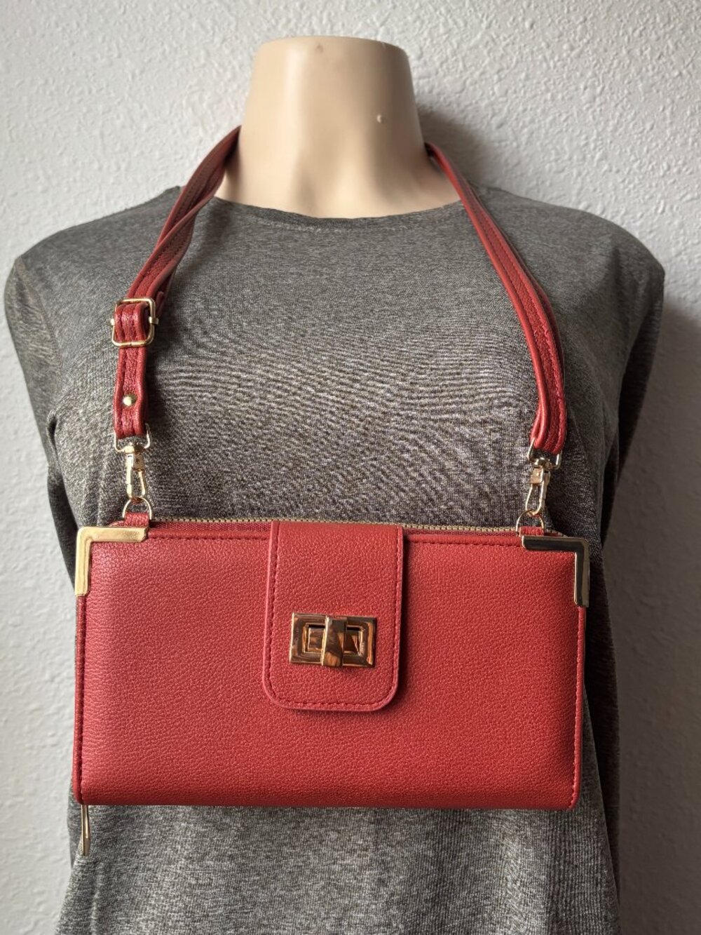 Womens Terracotta Brick Red Crossbody Wallet Purse Turnlock Gold Hardware